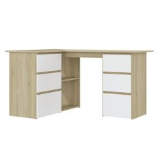 an office desk with drawers and shelves on the bottom, in white and light wood