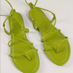 Brand New Size 11 Casual Strappy Lace-up Sandals In Synthetic Material, Green Round Toe Sandals For Summer, Trendy Flat T-strap Sandals For Spring, Green Round Toe Sandals For Spring, Casual Flat Heel T-strap Sandals For Spring, Trendy Synthetic T-strap Sandals For Vacation, Trendy Flat T-strap Sandals For Summer, Casual Lace-up Sandals With Single Toe Strap, Adjustable T-strap Sandals For Spring And Summer