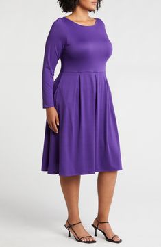 Soft, supple jersey feels as great as it looks on this long-sleeve midi dress cut in a versatile and chic fit-and-flare silhouette. 44 1/2" length Slips on over head Jewel neck Long sleeves 92% polyester, 8% spandex Machine wash, tumble dry Imported Purple Fits, Purple Midi Dress, Flare Long Sleeve, Long Sleeve Jersey, Long Sleeve Midi, Jewel Neck, Long Sleeve Midi Dress, Dress Cuts, Nordstrom Dresses