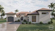 this is an artist's rendering of a house in the florida style with palm trees