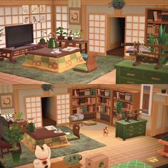 an animated image of a living room with furniture and bookshelves on the floor