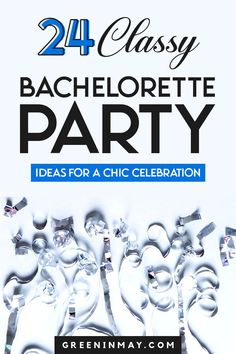 an advertisement for bachelor party with bubbles and streamers in the air on white background