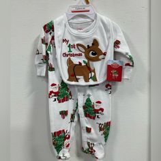 Rudolph Onesie And Bib Set Unisex Outfit Soft Material Newborn Size New With Tags, Never Been Worn White Holiday Playtime Sets, Cute Christmas Playtime Sets, Playful White Sets For Festive Occasions, Cute White Sets For Festive Occasions, Playful White Christmas Sets, Playful White Holiday Sets, Newborn Sleeper, Red Nose Reindeer, Halloween Onesie