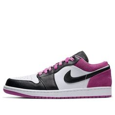 The Air Jordan 1 Low SE 'Fuchsia' is a classic sneaker with a modern twist. This sneaker features classic color blocking with a white leather base and black leather overlays. The perforated suede in Active Fuchsia adds a pop of color and the padded collar and heel make this sneaker comfortable and stylish. The Jordan Wings logo is embroidered on the heel in fuchsia, adding a touch of luxury to this already amazing sneaker. (AJ1/SNKR/Retro/Unisex/Low Top/Non-Slip/Basketball/Shock-absorbing) Jordan Wings, Wings Logo, Air Jordan 1 Low, Jordan 1 Low, Classic Sneakers, Stylish Sneakers, Air Jordan 1, Jordan 1, White Leather