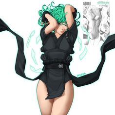 a woman with green hair and black clothes is holding her arms up in the air