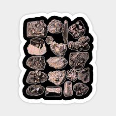 a bunch of different types of rocks on a black background with pink and white colors