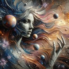 a woman's face surrounded by planets and stars, with her hair blowing in the wind