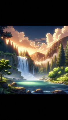 a painting of a waterfall with trees and mountains in the background