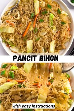 two pictures showing the same pancit bihon with noodles and carrots in it