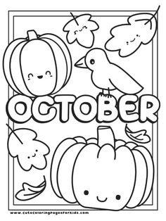 a coloring page with the words october and pumpkins