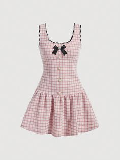 Women's Plaid Button Detail Round Neck Sleeveless Pink Dress Pink Casual  Sleeveless Knitted Fabric Plaid A Line Non-Stretch  Women Clothing, size features are:Bust: ,Length: ,Sleeve Length: Coquette Sleeveless Mini Dress For Summer, Casual Pink Sleeveless Plaid Dress, Sleeveless Pink Dress, Coquette Sleeveless Spring Dresses, Pink Sleeveless Mini Dress In Kawaii Style, Clothe Shop, Pink A-line Mini Dress With Bow, Pink Sleeveless Dress, Prom Dress Inspiration