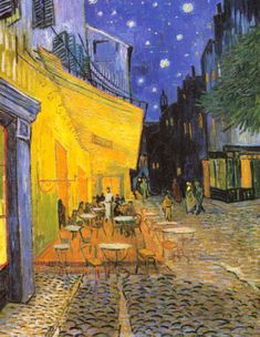 an image of a painting of people sitting at tables in the street with umbrellas