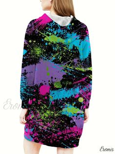 Eromis - Womens Splash Print Pullover Sports Hoodie, Long Sleeve Hooded Sweatshirt for Casual Style Multicolor Long Sleeve Hoodie With Graphic Print, Multicolor Graphic Print Long Sleeve Hoodie, Multicolor Long Sleeve Fleece Hoodie, Multicolor Long Sleeve Hoodie For Sports, Multicolor Sports Hoodie Sweatshirt, Multicolor Sports Sweatshirt With Drawstring Hood, Multicolor Long Sleeve Sweatshirt With Drawstring Hood, Multicolor Long Sleeve Hoodie With Drawstring, Casual Multicolor Hoodie For Sports