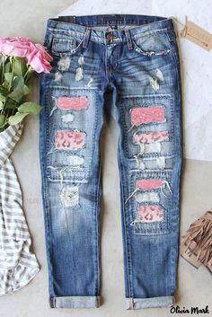 Color: Sky Blue Distressed Leopard Ombre Patchwork Jeans, Size: 8 Patchwork Denim Jeans, Ripped Jeans Casual, Jean Collection, Printed Denim Jeans, Ripped Denim Jeans, Jeans Patchwork, Graphic Pant, Blue Valentine, Denim Jeans Ripped