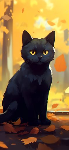 A peaceful autumn scene of a black cat sitting in a city park, surrounded by trees with yellowed leaves. Autumn Cat Art, Black Cat Art Aesthetic, Autumn Cat Wallpaper, Cats And Soup Game, Black And Yellow Wallpaper, Halloween Names For Cats, Black Cat Halloween Costume, Cats And Soup, Happy Halloween Gif