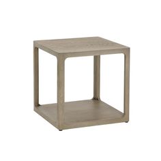 a square wooden table with one shelf on the side