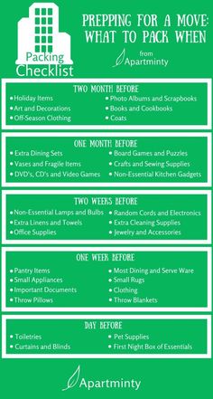 the green flyer for prepping for a move and packing checklist, which includes two month