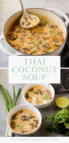 thai coconut soup in a white bowl with spoons