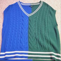 Size: M Half Green Hand Blue Sleeveless Sweater Vest Never Worn Originally From Target Blue Sleeveless Sweater Vest For Winter, Blue Casual Sleeveless Sweater Vest, Trendy Blue Sleeveless Sweater Vest, Blue V-neck Tank Top For Fall, Blue Cotton Sleeveless Sweater Vest, Blue Sleeveless Winter Top, Blue Sleeveless Top For Winter, Casual Blue Winter Tank Top, Casual Blue Tank Top For Winter