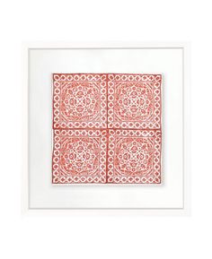 a red and white square with four squares on the bottom, in an ornate pattern