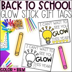 back to school glow stick gift tags with pencils, markers and crayons