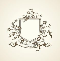 a coat of arms with flowers and ribbon around it