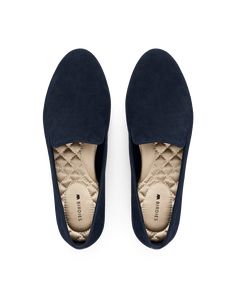 Our classic smoking slipper crafted of premium Navy suede, this shoe is soft to the touch and has a sleek, understated design. We covered our footbeds with a satin lining for added luxury and comfort. The flat is complete with our signature grosgrain backtab and gold Birdies logo. | The Starling - Navy Birdies Flats in  Satin Women Crafts, Suede Flats, Blue Flats, Comfortable Flats, Starling, Flats Top, Outdoor Wear, Stylish Shoes, Blue Suede