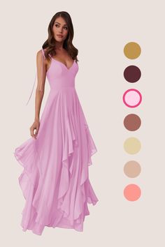 a woman in a long pink dress standing next to color swatches and the colors she is wearing