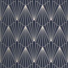 an art deco wallpaper pattern in navy blue and white, with fan like shapes