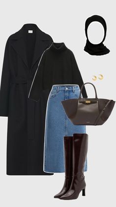 a woman in black coat, jeans and boots is wearing high heeled boots with a handbag