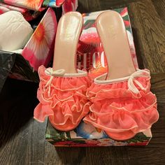 These Are Authentic Used Gucci Pink Ruffle Slip On Heels Sandals 37 - Comes With Orignal Box And Dust Bags Etc. I Love Them A Lot But Didn’t Wear Them That Much. Super Super Cute On! No Trade - Paid Usd 890 Plus Tax Usd 968; Condition Is Mint As I Wore A Few Times Only As Shown In Photos Gucci Pink, Slip On Heels, Pink Ruffle, Heels Sandals, Gucci Shoes, Shoes Women Heels, Sandals Heels, Dust Bag, Shoes Heels