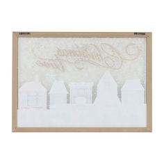 a christmas card with white houses and snow on the ground, in front of a wooden frame