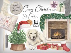 a watercolor christmas card with a dog and presents in front of a fire place