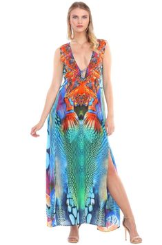 La Moda Resort Beach 2 Two Slit Party Maxi Long Dresses for Women - Goga Swimwear Designer Resort Wear, Resort Maxi Dress, Long Dresses For Women, Resort Beach, Flowy Maxi Dress, Caftan Dress, Beachwear For Women, Ladies Dress Design, Long Dresses