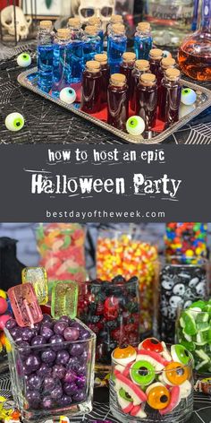 halloween party with candy and candies in glass containers on the table, and text overlay that reads how to host an epic halloween party