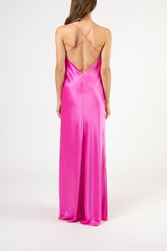 Bias gown with cowl and ruffles in pure silk satin. Features delicate spaghetti straps. Fully lined in silk. Imported.   Composition: 100% silk Silk Slip Dress With Back Opening For Gala, Pink Bias Cut Maxi Dress, Pink Silk Satin Party Dress, Pink Satin Evening Dress With Spaghetti Straps, Pink Silk Satin Dress For Party, Satin Slip Dress For Gala With Bias Cut, Satin Bias-cut Slip Dress For Gala, Party Gown With Spaghetti Straps And Bias Cut, Satin Bias Cut Slip Dress For Gala