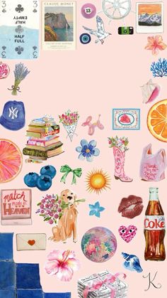 a pink background with lots of different items on top of it, including oranges and other things