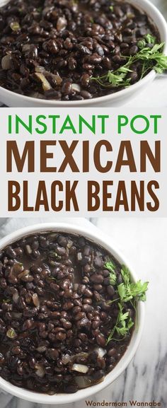 instant pot mexican black beans in a white bowl with green garnish on top