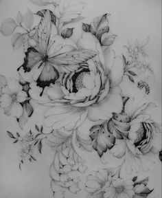 a pencil drawing of flowers and butterflies