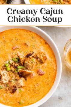 creamy cajun chicken soup in a white bowl