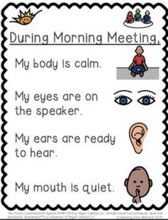 a poster with the words during morning meeting, my body is calm and eyes are on the speaker