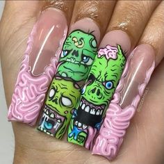 Halloween Nails Zombie, Zombie Nail Designs, Zombie Nails Halloween, Horror Themed Nails, Gore Nails, Zombie Nails