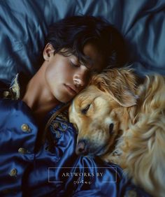 a woman laying in bed with her head on a golden retriever dog's chest