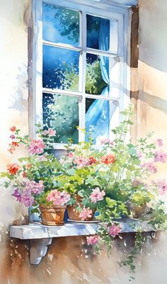 watercolor painting of window sill with potted flowers