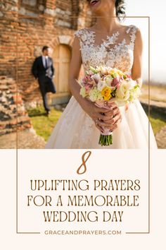 a bride and groom standing in front of an old brick building with the text 8 uplift