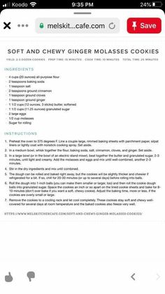 the recipe for soft and chewy ginger molasss cookies is displayed on an iphone