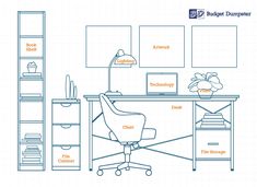 an office with desk, shelves and bookcases labeled in blue on a white background