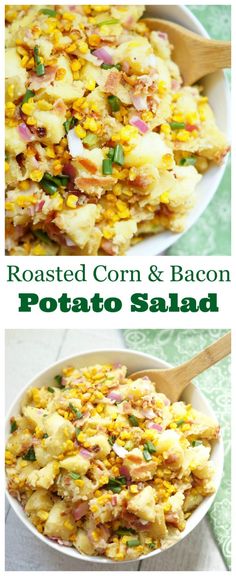 roasted corn and bacon potato salad in a white bowl