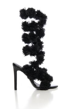 Black open toe ruffled flower wrap up stiletto heels Platform Heels Boots, Thigh High Boots Heels, Animal Print Shoes, Sandal Platform, Black Wrap, Leather Floral, Spiral Design, Stiletto Sandals, Shoe Print