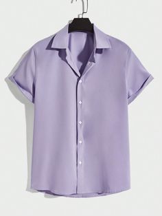 Lilac Purple Casual Collar Short Sleeve Woven Fabric Plain Shirt Embellished Non-Stretch  Men Clothing Lilac Shirt Outfit Men, Purple Shirt Outfits, Pastel Color Shirts, Light Purple Shirt, Becky Hill, Purple Quince, Lavender Shirt